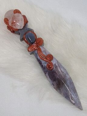 Ocean Jasper Ritual Dagger 🗡️🌊 Athame w/ Rose Quartz – One Fantasy Crystal